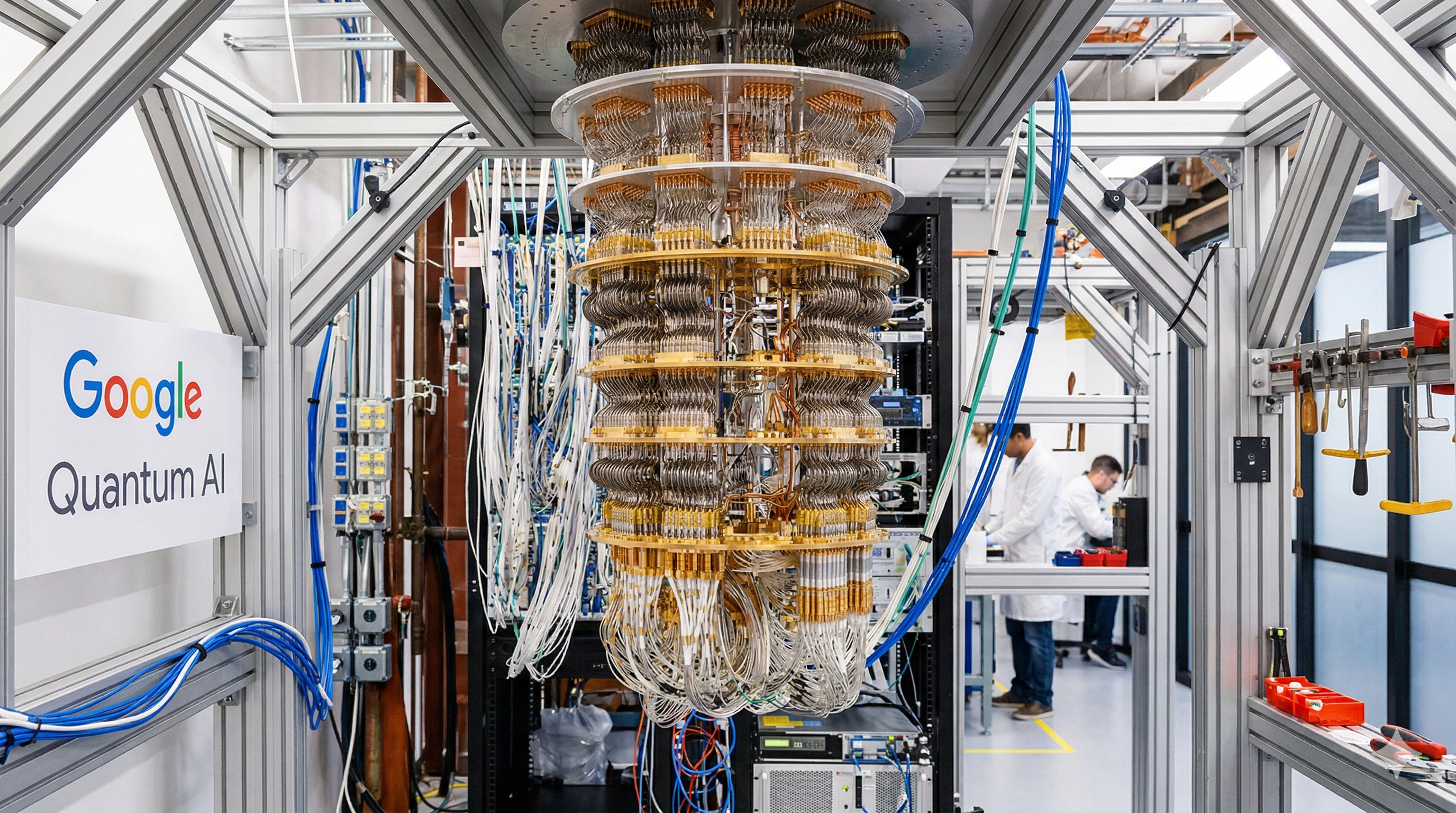 Close-up of a superconducting quantum processor unit with gold wire bonds connecting to a qubit array chip
