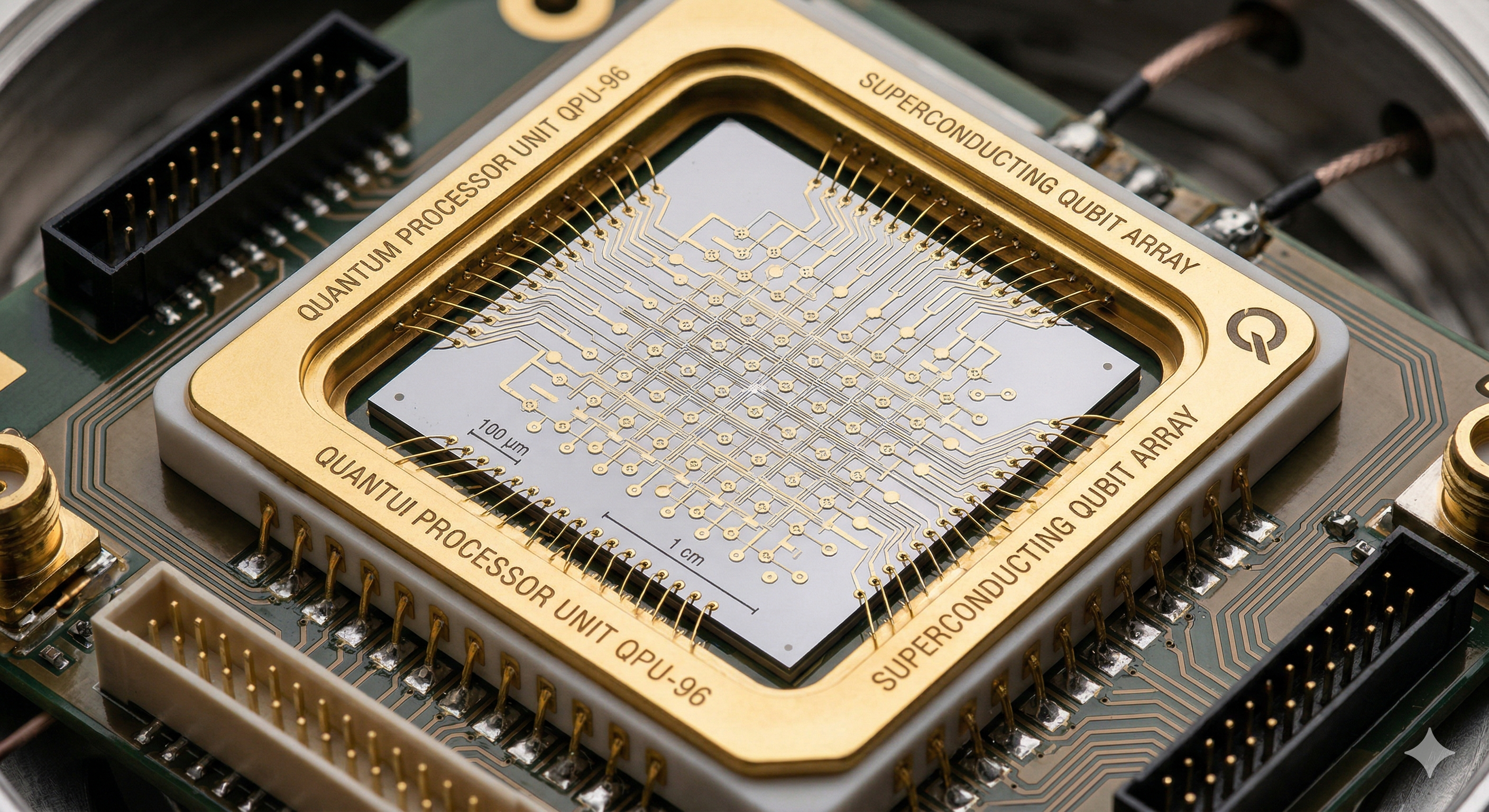 A quantum computer dilution refrigerator with golden circular platforms connected by cables, inside a Google Quantum AI laboratory